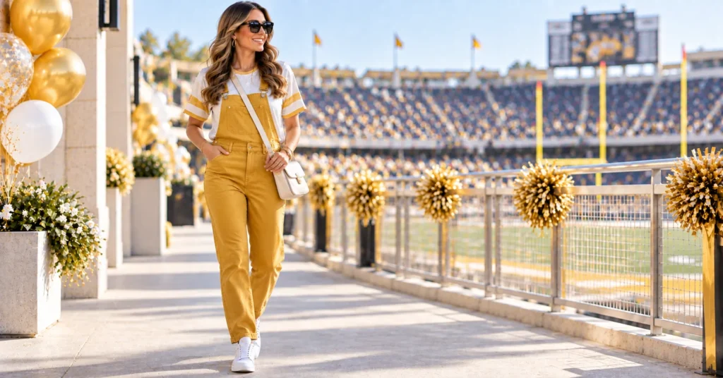 Gold Out Football Game Outfit Ideas with gold overalls and a team-inspired tee