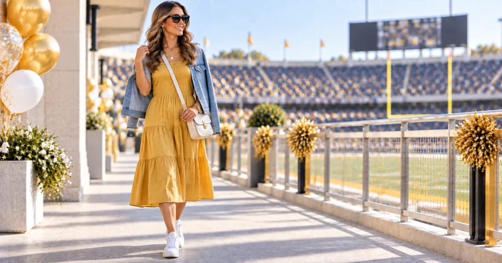 Gold Out Football Game Outfit Ideas featuring a chic gold game-day dress
