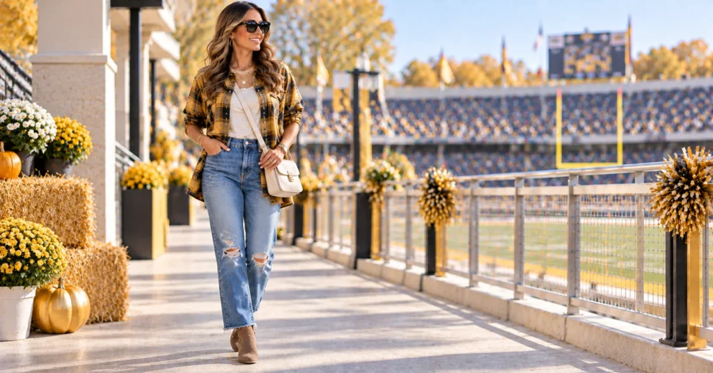 Gold Out Football Game Outfit Ideas with a gold plaid flannel and jeans