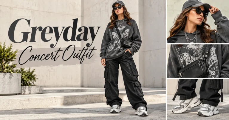Greyday concert outfit featuring an oversized graphic hoodie, cargo pants, chunky sneakers, and layered streetwear accessories.