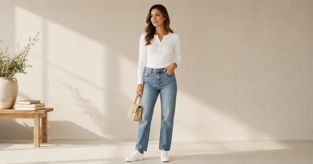 12 Effortless Henley Shirt Outfit Ideas for a Chic and Casual Look 3 Henley shirt outfit ideas for women with a classic white henley and jeans