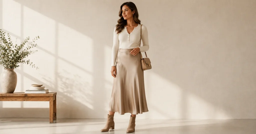 12 Effortless Henley Shirt Outfit Ideas for a Chic and Casual Look 5 Henley shirt outfit ideas for women wearing a henley top and midi skirt