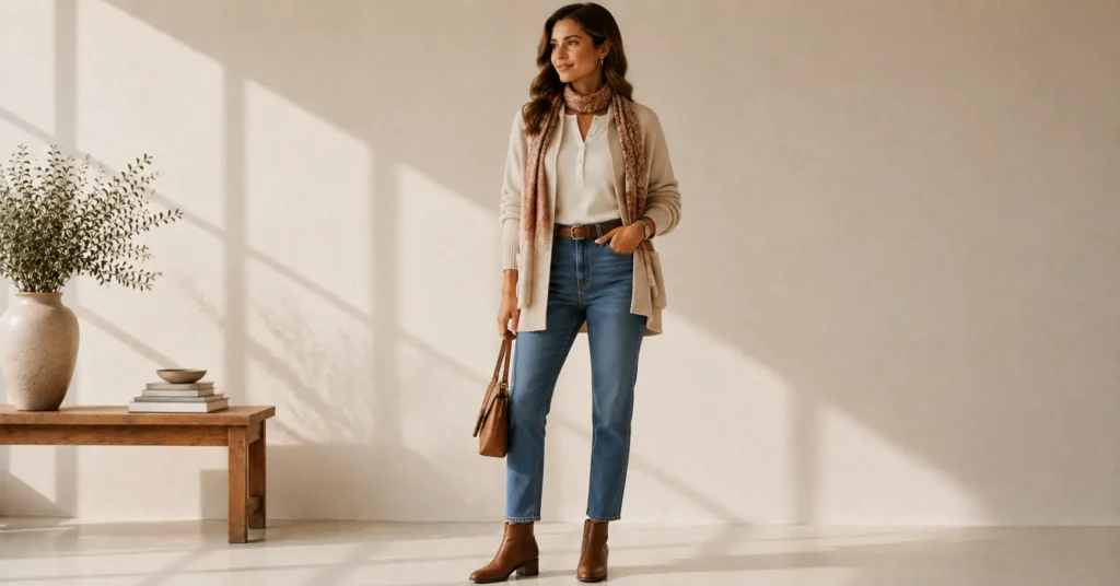 12 Effortless Henley Shirt Outfit Ideas for a Chic and Casual Look 11 Henley shirt outfit ideas for women with a cardigan and fall boots