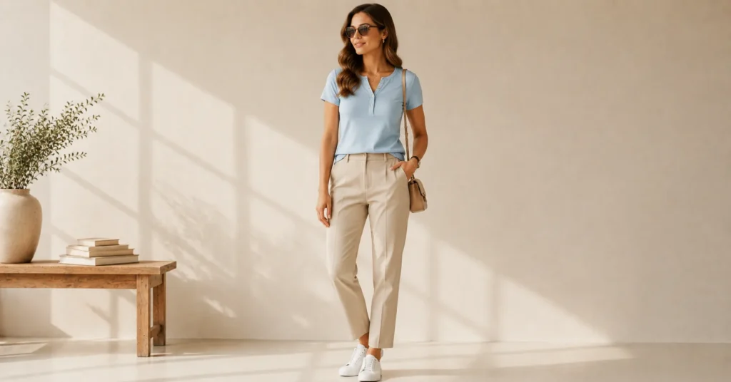 12 Effortless Henley Shirt Outfit Ideas for a Chic and Casual Look 7 Henley shirt outfit ideas for women with a spring henley and chinos