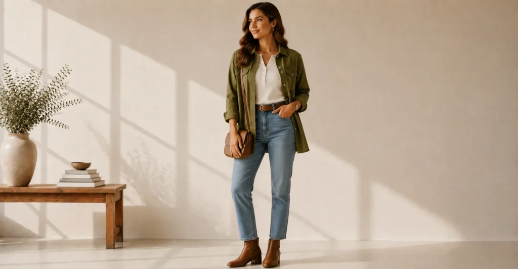 12 Effortless Henley Shirt Outfit Ideas for a Chic and Casual Look 14 Henley shirt outfit ideas for women with an overshirt, jeans and boots