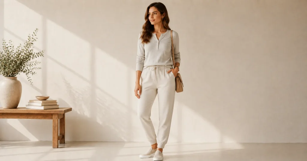 12 Effortless Henley Shirt Outfit Ideas for a Chic and Casual Look 8 Henley shirt outfit ideas for women with a cozy waffle henley and joggers