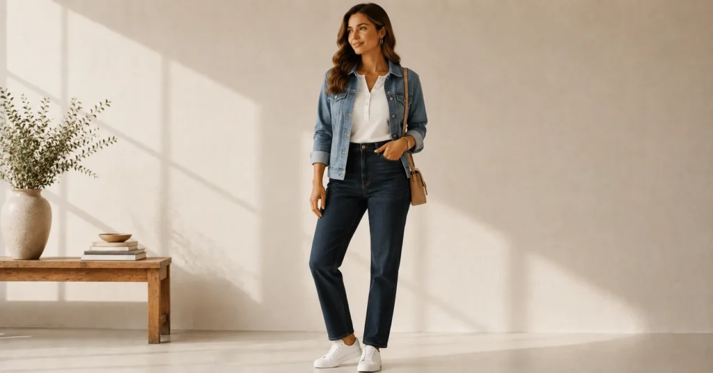 12 Effortless Henley Shirt Outfit Ideas for a Chic and Casual Look 9 Henley shirt outfit ideas for women with a denim jacket and jeans
