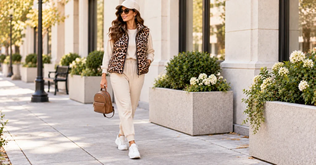 Leopard Print Vests: 12 Stunning Outfit Ideas Every Woman Will Love 9 Athleisure Leopard Print Vests outfit with quilted vest, lounge set, white sneakers, and mini backpack