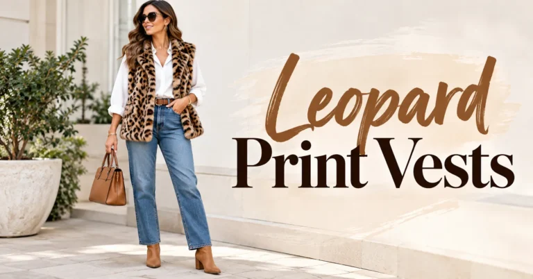 Leopard Print Vests outfit with faux fur vest, white top, jeans, and ankle boots