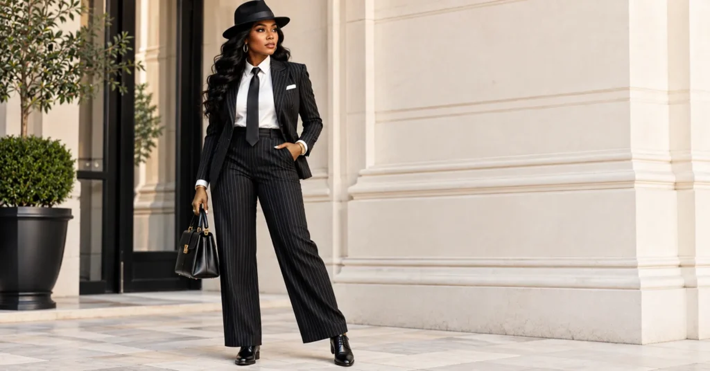 Mafia Outfit Black Women: 14 Bold Looks That Command Every Room 3 Mafia outfit black women in a classic black pinstripe suit with fedora and tie.