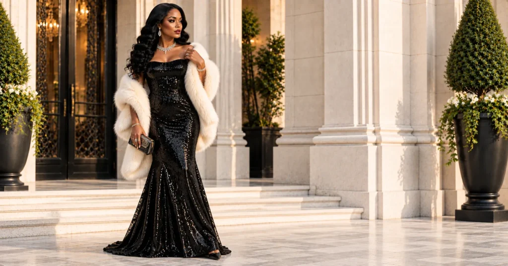 Mafia Outfit Black Women: 14 Bold Looks That Command Every Room 13 Mafia outfit black women featuring a glamorous black sequined gown, faux-fur wrap, and statement jewelry.