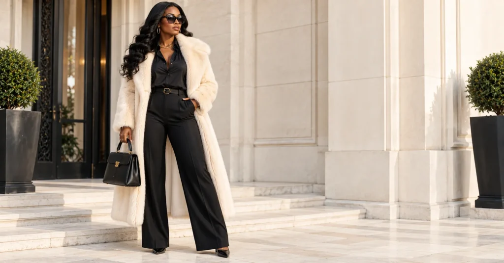 Mafia Outfit Black Women: 14 Bold Looks That Command Every Room 4 Mafia outfit black women featuring a glamorous faux-fur coat, black trousers, sunglasses, and gold jewelry.