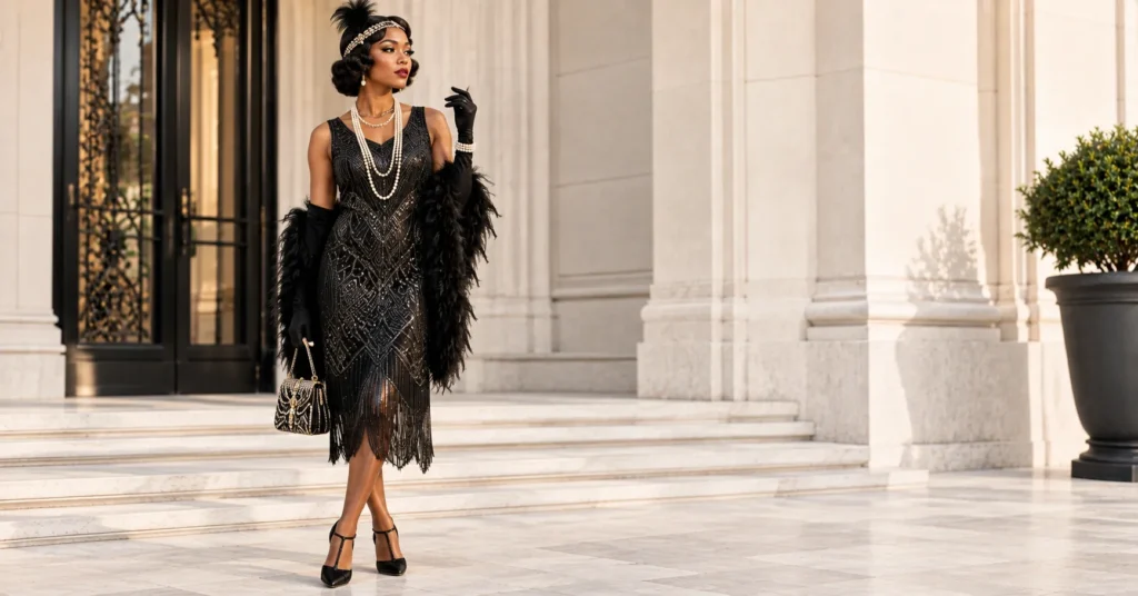 Mafia Outfit Black Women: 14 Bold Looks That Command Every Room 7 Mafia outfit black women inspired by 1920s flapper fashion with a beaded black dress and pearls.
