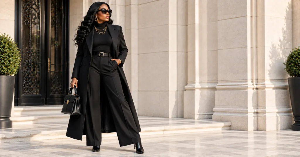 Mafia Outfit Black Women: 14 Bold Looks That Command Every Room 8 Mafia outfit black women styled in an elegant all-black monochrome coat, sweater, trousers, and boots.