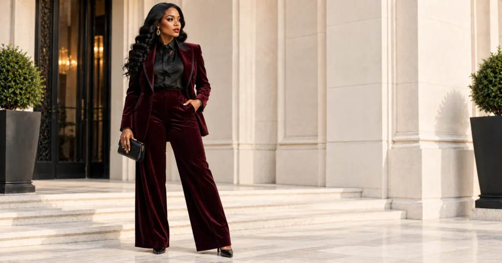 Mafia Outfit Black Women: 14 Bold Looks That Command Every Room 9 Mafia outfit black women featuring a luxurious burgundy velvet suit, silk blouse, heels, and statement jewelry.