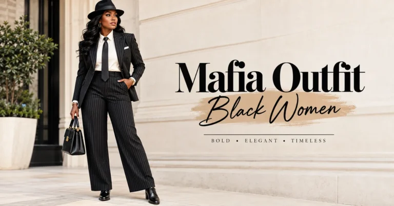 Mafia outfit black women wearing a sophisticated pinstripe suit, fedora, tie, and polished accessories.