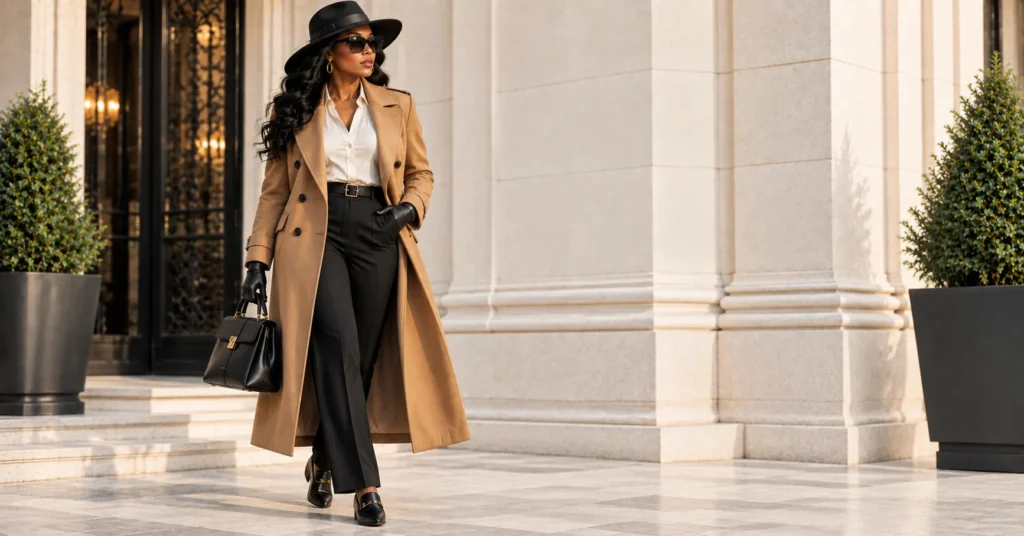 Mafia Outfit Black Women: 14 Bold Looks That Command Every Room 10 Mafia outfit black women wearing a camel double-breasted coat, black trousers, fedora, and leather gloves.