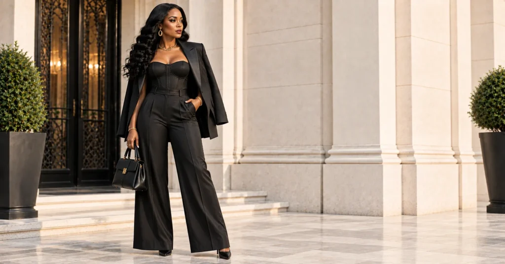 Mafia Outfit Black Women: 14 Bold Looks That Command Every Room 11 Mafia outfit black women with a structured black corset-inspired top, blazer, and high-waisted trousers.