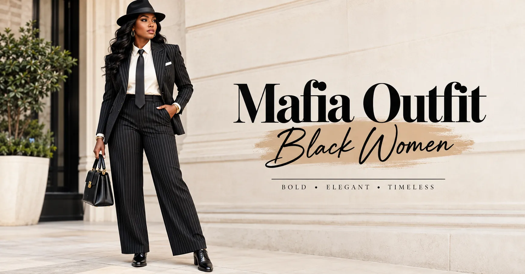 Home 11 Mafia outfit black women wearing a sophisticated pinstripe suit, fedora, tie, and polished accessories.