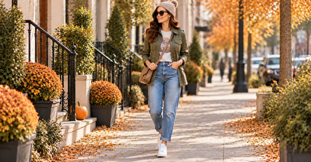 12 Stunning Military Jacket Women Outfit Ideas for a Chic Fall Look 12 Military Jacket Women Outfit Ideas featuring an olive jacket, graphic tee, boyfriend jeans, beanie, and white sneakers.
