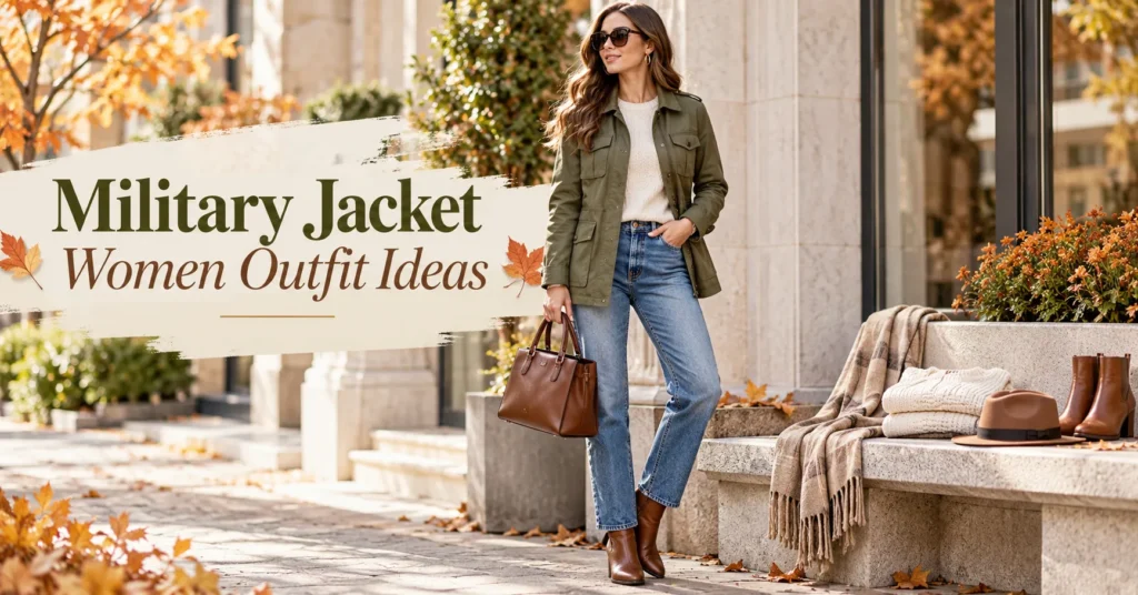 12 Stunning Military Jacket Women Outfit Ideas for a Chic Fall Look 2 Military Jacket Women Outfit Ideas featuring a stylish woman in an olive green military jacket, cream knit top, blue jeans, and brown ankle boots in a bright fall setting.
