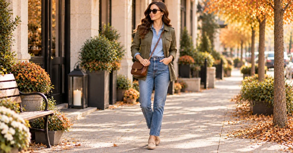 12 Stunning Military Jacket Women Outfit Ideas for a Chic Fall Look 8 Military Jacket Women Outfit Ideas with an olive jacket, chambray shirt, denim jeans, flats, and crossbody bag.