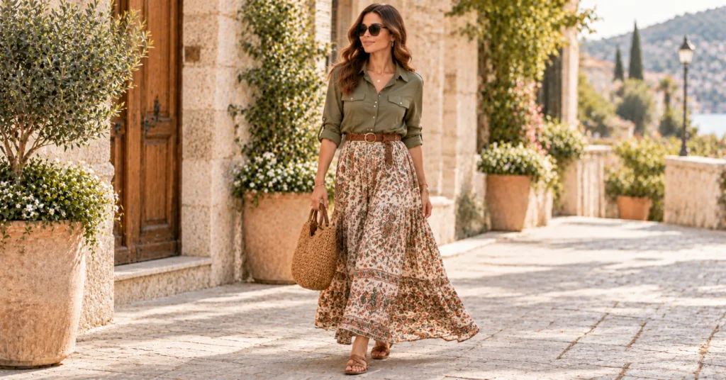 10 Effortless Military Shirt Outfit Ideas for a Chic Everyday Look 12 Military Shirt Outfit Ideas featuring an olive military shirt, printed maxi skirt, tan sandals, woven handbag, and layered jewelry.
