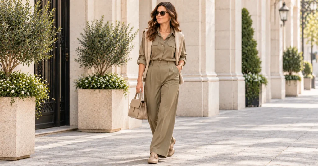 10 Effortless Military Shirt Outfit Ideas for a Chic Everyday Look 6 Military Shirt Outfit Ideas featuring a monochrome khaki military shirt, wide-leg trousers, loafers, and a structured handbag.
