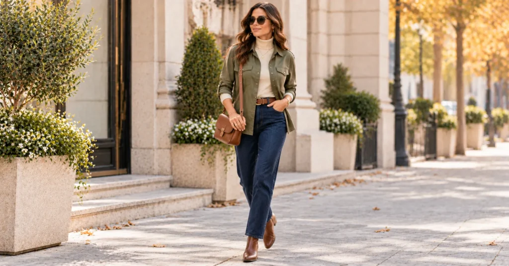 10 Effortless Military Shirt Outfit Ideas for a Chic Everyday Look 8 Military Shirt Outfit Ideas featuring an olive military shirt layered over a cream turtleneck with dark jeans and ankle boots.