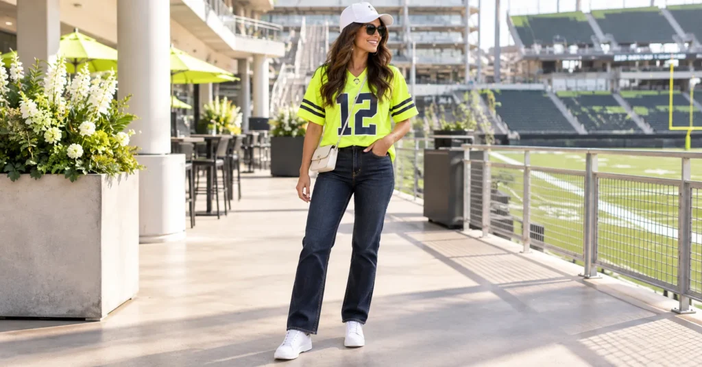 12 Electric Neon Football Game Outfit Ideas to Light Up Game Day 3 Neon Football Game Outfit Ideas with a bright team jersey and dark jeans