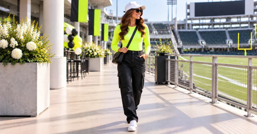 12 Electric Neon Football Game Outfit Ideas to Light Up Game Day 12 Neon Football Game Outfit Ideas featuring a neon bodysuit and black cargo pants