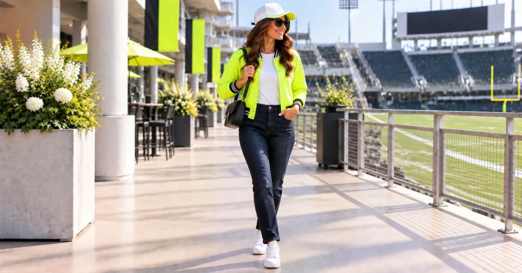 12 Electric Neon Football Game Outfit Ideas to Light Up Game Day 13 Neon Football Game Outfit Ideas featuring a neon bomber jacket and jeans
