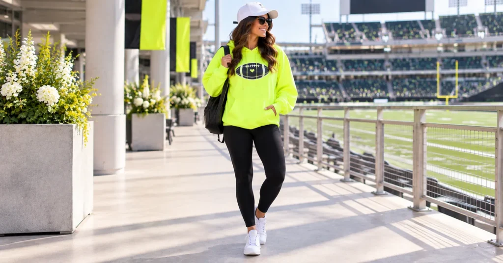 12 Electric Neon Football Game Outfit Ideas to Light Up Game Day 5 Neon Football Game Outfit Ideas with an oversized neon hoodie and black leggings