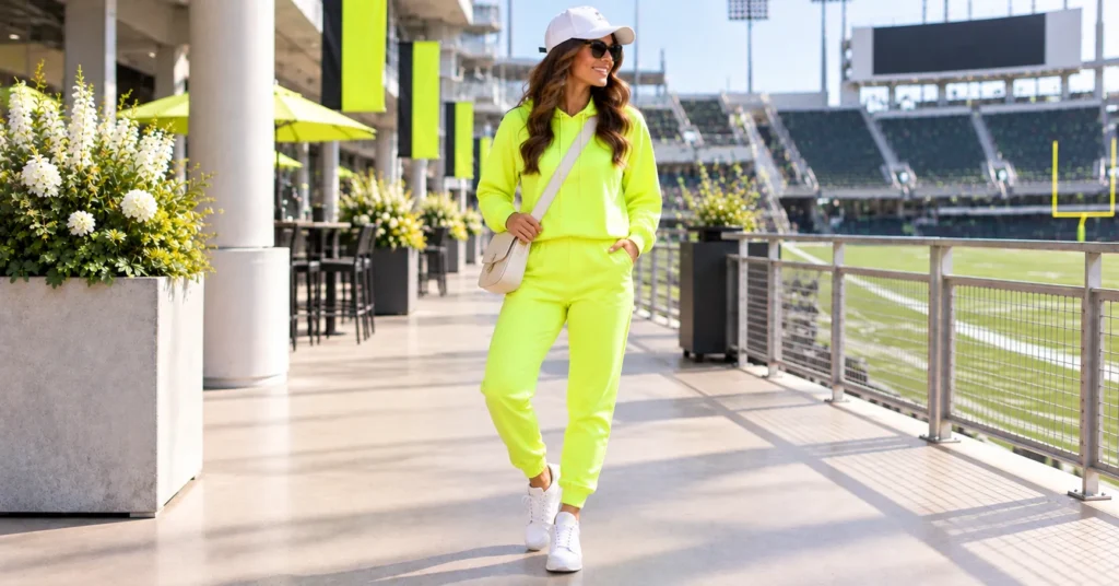 12 Electric Neon Football Game Outfit Ideas to Light Up Game Day 8 Neon Football Game Outfit Ideas featuring a coordinated neon athleisure set