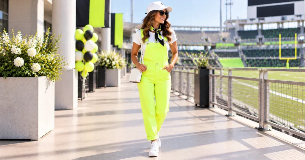 12 Electric Neon Football Game Outfit Ideas to Light Up Game Day 9 Neon Football Game Outfit Ideas with colorful neon overalls and a team tee