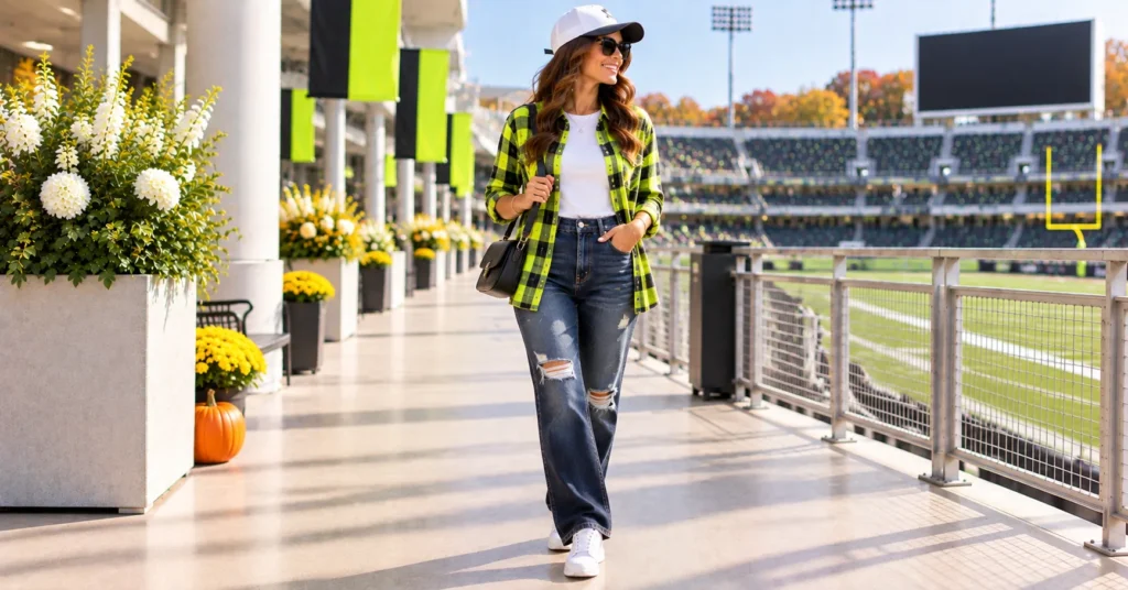 12 Electric Neon Football Game Outfit Ideas to Light Up Game Day 11 Neon Football Game Outfit Ideas with a neon plaid flannel and jeans