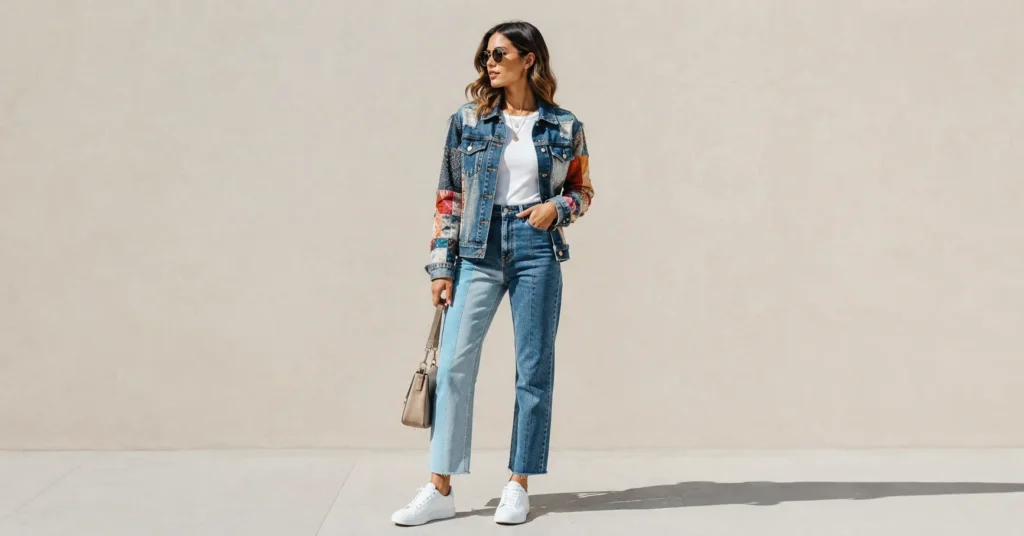 13 Bold Patchwork Jacket Outfit Ideas for a Unique and Trendy Look 3 Patchwork Jacket Outfit Ideas for women with a colorful denim jacket and jeans