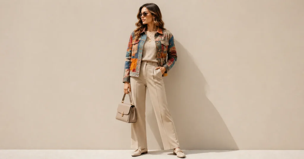 13 Bold Patchwork Jacket Outfit Ideas for a Unique and Trendy Look 12 Patchwork Jacket Outfit Ideas for women styled over a chic monochrome base