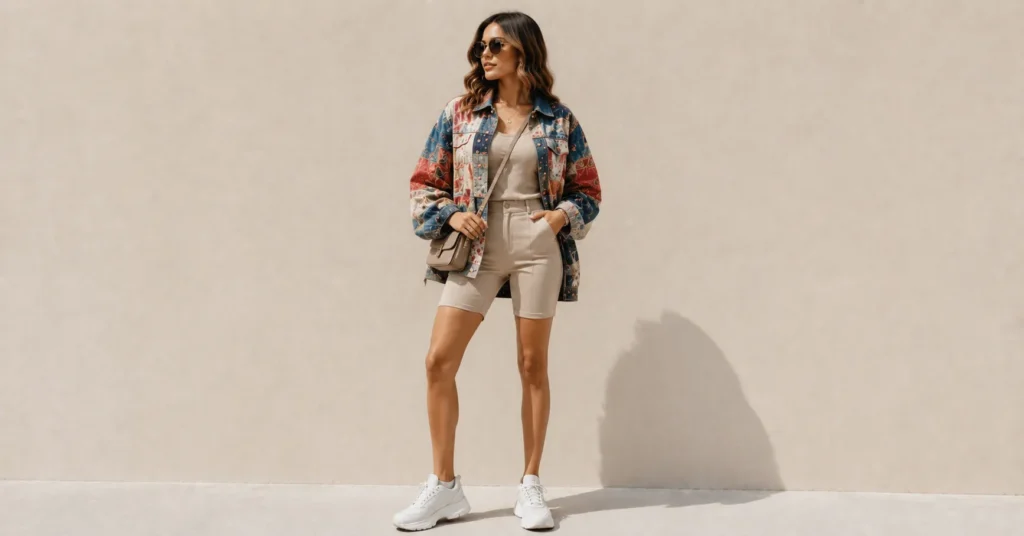 13 Bold Patchwork Jacket Outfit Ideas for a Unique and Trendy Look 13 Patchwork Jacket Outfit Ideas for women with an oversized jacket and biker shorts