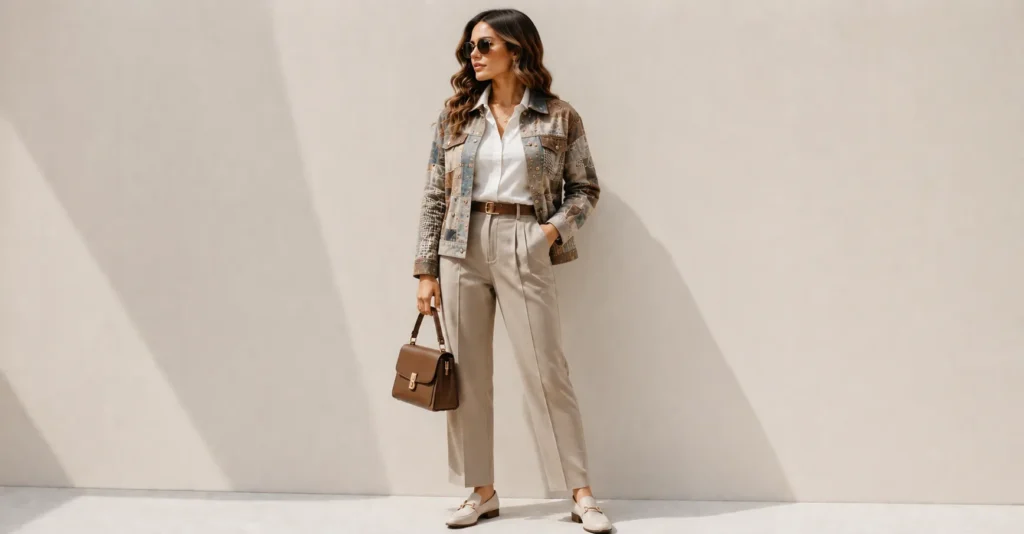 13 Bold Patchwork Jacket Outfit Ideas for a Unique and Trendy Look 14 Patchwork Jacket Outfit Ideas for women with tailored pants and a smart casual shirt