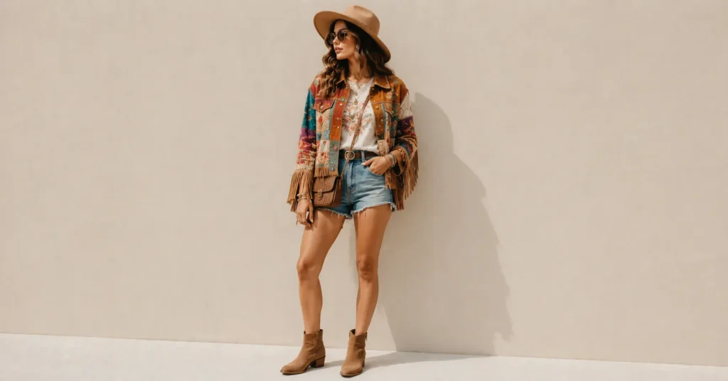 13 Bold Patchwork Jacket Outfit Ideas for a Unique and Trendy Look 15 Patchwork Jacket Outfit Ideas for women with a boho festival jacket and denim shorts