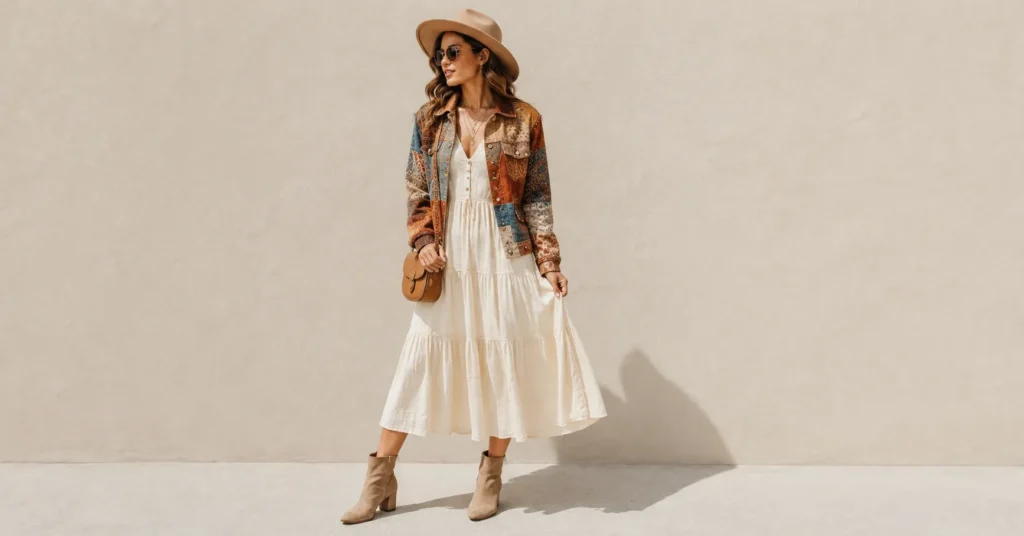13 Bold Patchwork Jacket Outfit Ideas for a Unique and Trendy Look 4 Patchwork Jacket Outfit Ideas for women with a boho jacket and flowy dress