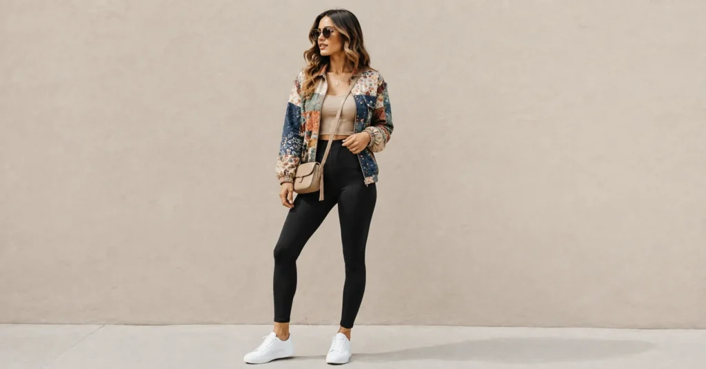 13 Bold Patchwork Jacket Outfit Ideas for a Unique and Trendy Look 5 Patchwork Jacket Outfit Ideas for women with leggings and a casual neutral top