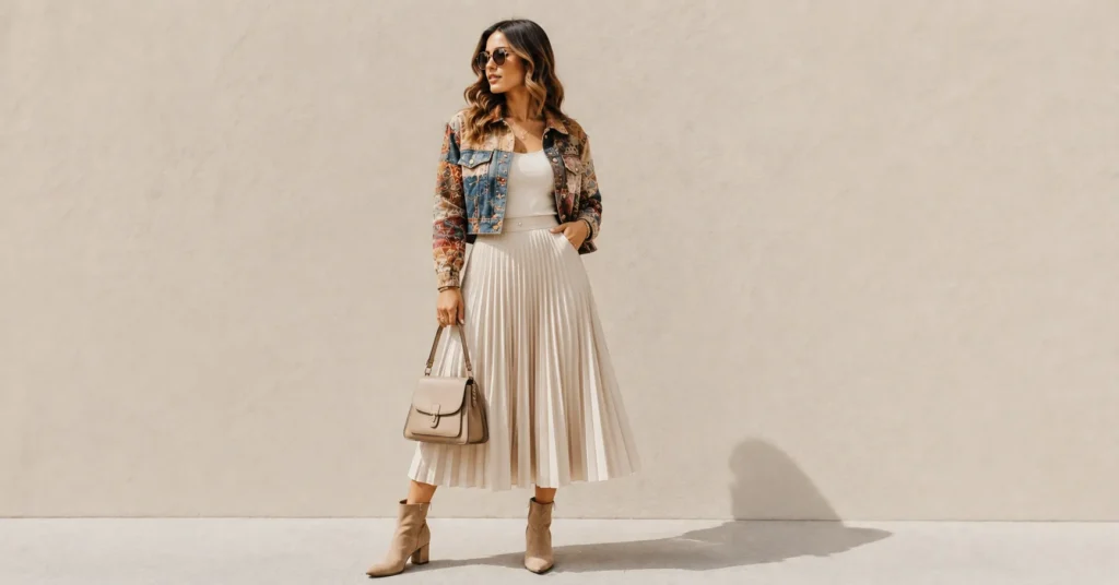 13 Bold Patchwork Jacket Outfit Ideas for a Unique and Trendy Look 6 Patchwork Jacket Outfit Ideas for women with a cropped jacket and midi skirt