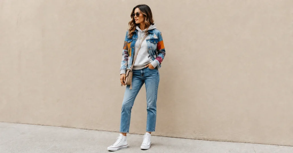 13 Bold Patchwork Jacket Outfit Ideas for a Unique and Trendy Look 7 Patchwork Jacket Outfit Ideas for women with a hoodie and layered street style