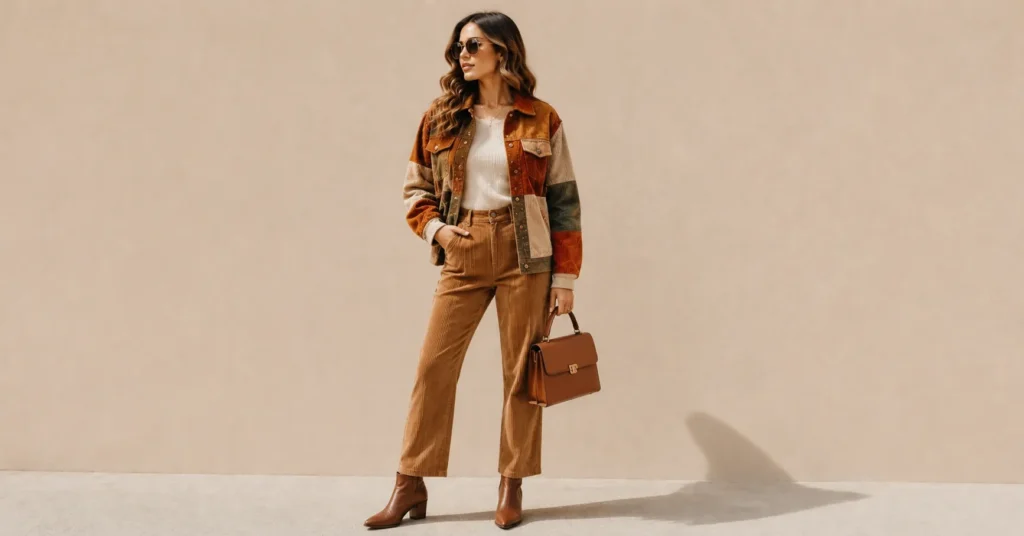 13 Bold Patchwork Jacket Outfit Ideas for a Unique and Trendy Look 8 Patchwork Jacket Outfit Ideas for women with corduroy pants and fall layers