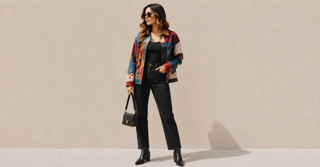 13 Bold Patchwork Jacket Outfit Ideas for a Unique and Trendy Look 9 Patchwork Jacket Outfit Ideas for women with a colorful statement jacket and black base