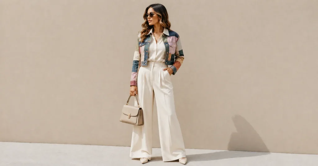 13 Bold Patchwork Jacket Outfit Ideas for a Unique and Trendy Look 10 Patchwork Jacket Outfit Ideas for women with wide-leg trousers and a cropped jacket