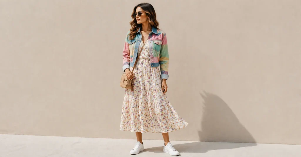 13 Bold Patchwork Jacket Outfit Ideas for a Unique and Trendy Look 11 Patchwork Jacket Outfit Ideas for women with a cropped jacket and sundress