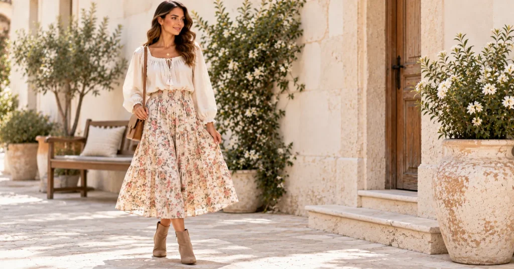 12 Effortless Peasant Top Outfit Ideas for a Chic, Feminine Look 7 Peasant top outfit ideas featuring a long-sleeve ivory top and floral midi skirt.